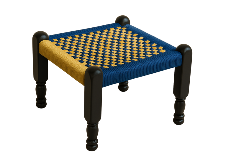 Rajvadi Wooden Khatli – Golden & Blue Handmade Machi Chair