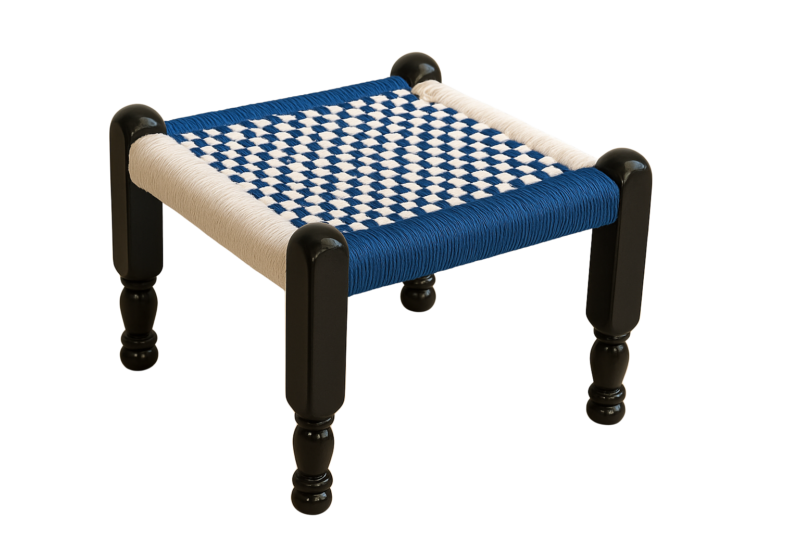 Rajvadi Wooden Khatli – Blue & White Handmade Machi Chair